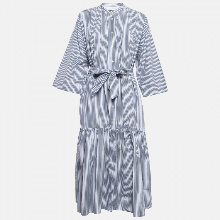 Pre Owned Weekend Max Mara Blue Pinstripe Cotton Drop Waist Dress M