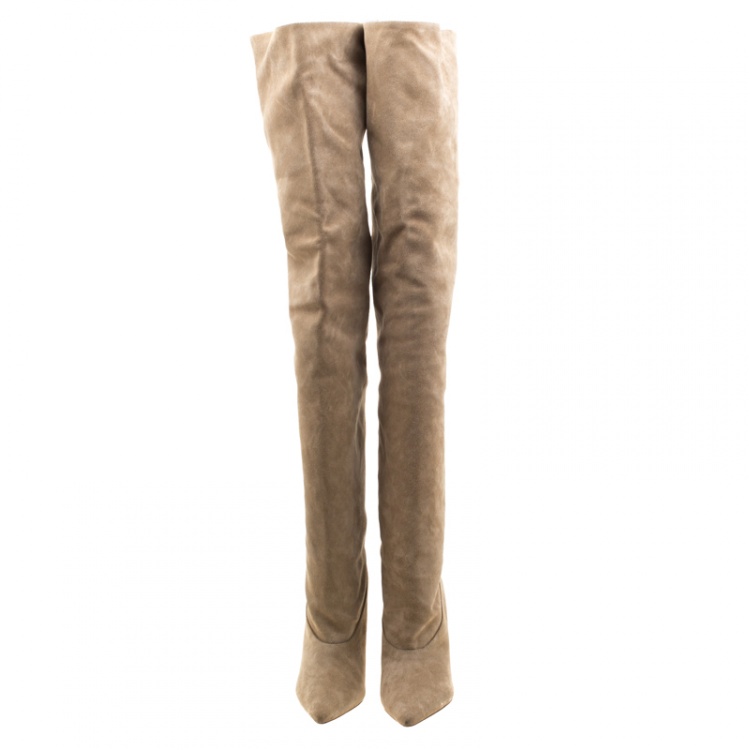 Pre Owned Yeezy Season 5 Beige Suede Thigh High Pointed Toe Boots Size 38