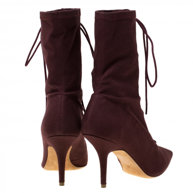 Pre Owned Yeezy Season 5 Burgundy Stretch Canvas Lace Up Pointed Toe Boots Size 40
