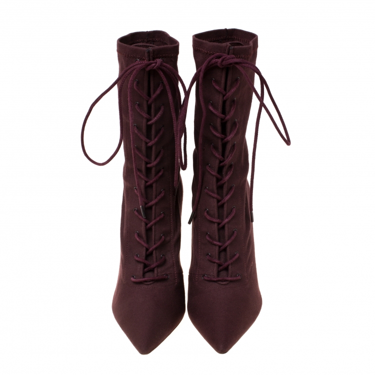 Pre Owned Yeezy Season 5 Burgundy Stretch Canvas Lace Up Pointed Toe Boots Size 40