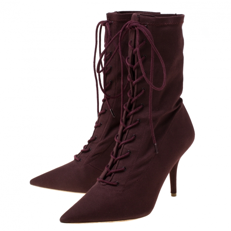 Pre Owned Yeezy Season 5 Burgundy Stretch Canvas Lace Up Pointed Toe Boots Size 40