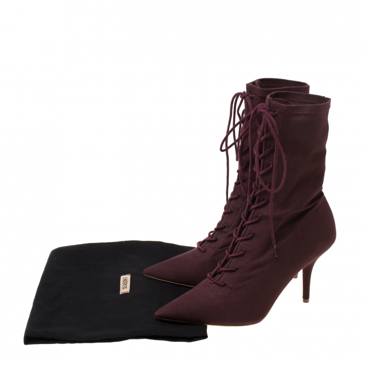 Pre Owned Yeezy Season 5 Burgundy Stretch Canvas Lace Up Pointed Toe Boots Size 40
