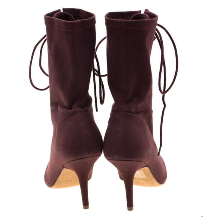 Pre Owned Yeezy Season 5 Burgundy Stretch Canvas Lace Up Pointed Toe Boots Size 38.5