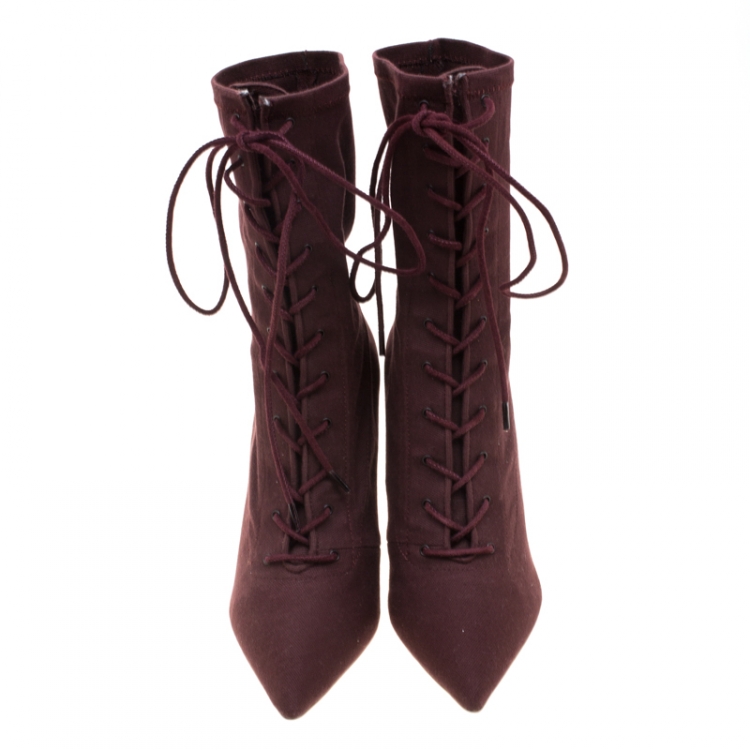 Pre Owned Yeezy Season 5 Burgundy Stretch Canvas Lace Up Pointed Toe Boots Size 38.5