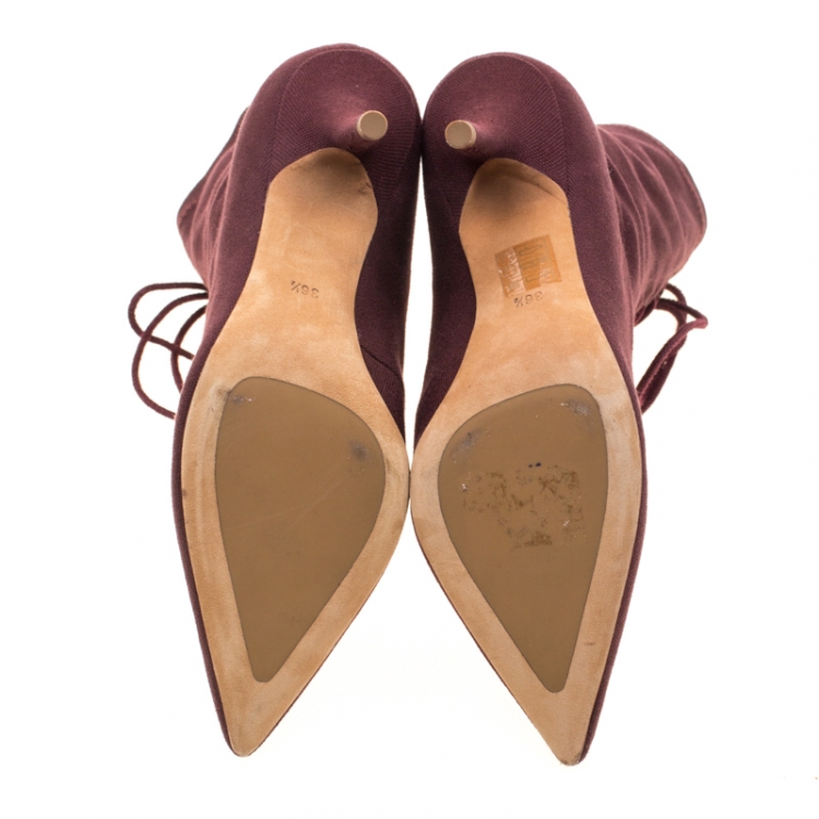 Pre Owned Yeezy Season 5 Burgundy Canvas Lace Up Pointed Toe Ankle Boots Size 36.5