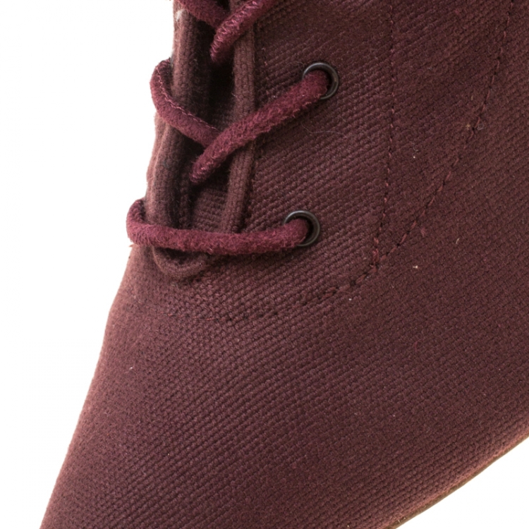 Pre Owned Yeezy Season 5 Burgundy Canvas Lace Up Pointed Toe Ankle Boots Size 36.5
