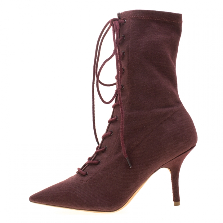 Yeezy Season 5 Burgundy Canvas Lace Up Pointed Toe Ankle Boots Size 36.5 | TLC