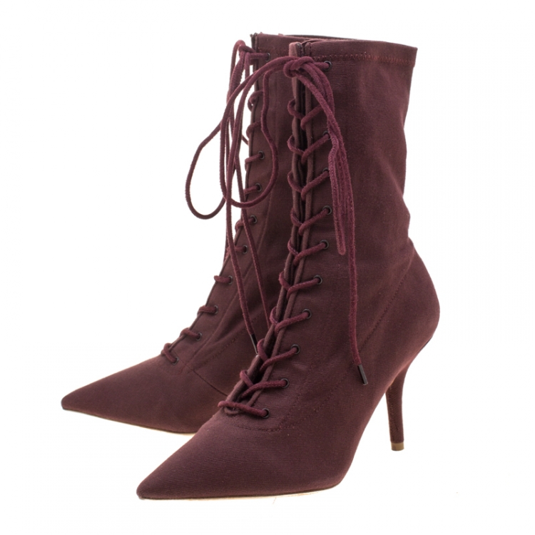 Pre Owned Yeezy Season 5 Burgundy Canvas Lace Up Pointed Toe Ankle Boots Size 36.5