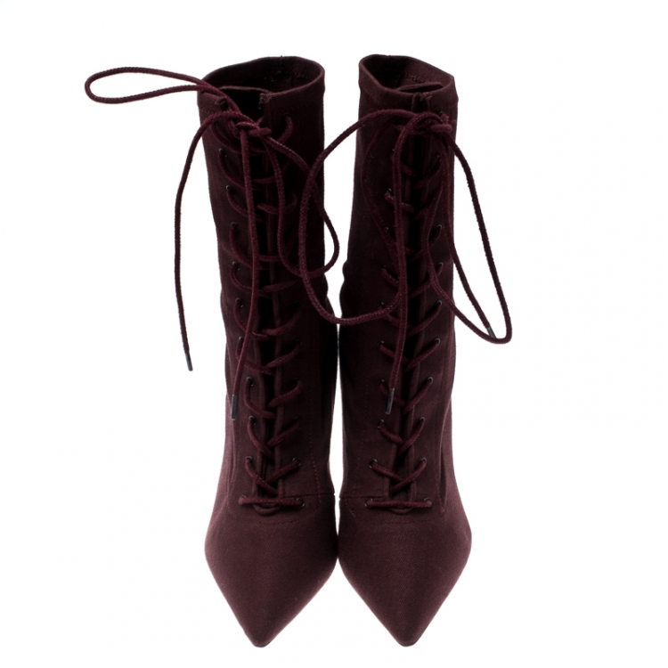 Pre Owned Yeezy Season 5 Burgundy Stretch Canvas Lace Up Pointed Toe Boots Size 36
