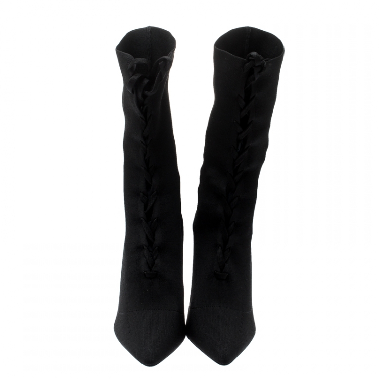 Pre Owned Yeezy Season 5 Black Knit Sock Lace Up Boots Size 38.5