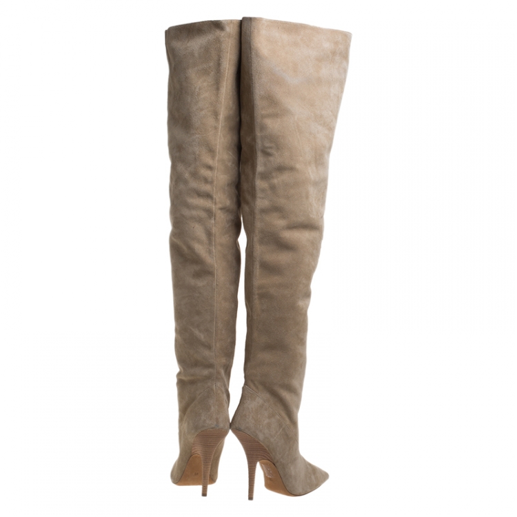 Pre Owned Yeezy Season 5 Beige Suede Thigh High Pointed Toe Boots Size 40