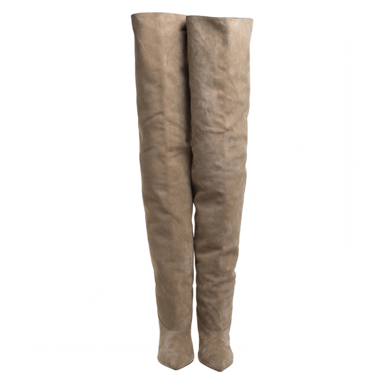 Pre Owned Yeezy Season 5 Beige Suede Thigh High Pointed Toe Boots Size 40