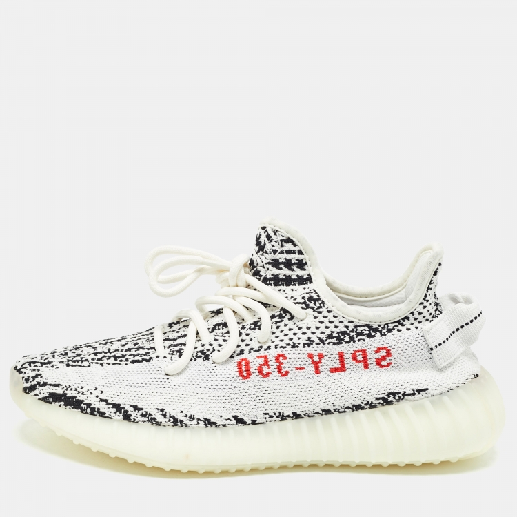 Pre Owned Yeezy x Adidas White/Black Knit Fabric Boost 350 V2 Zebra Sneakers Size 38