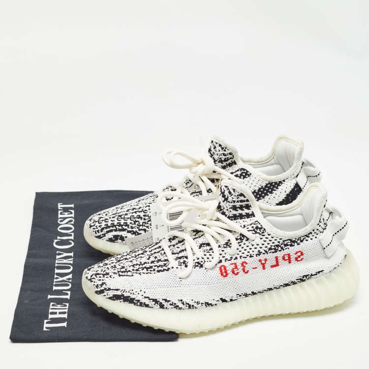 Pre Owned Yeezy x Adidas White/Black Knit Fabric Boost 350 V2 Zebra Sneakers Size 38