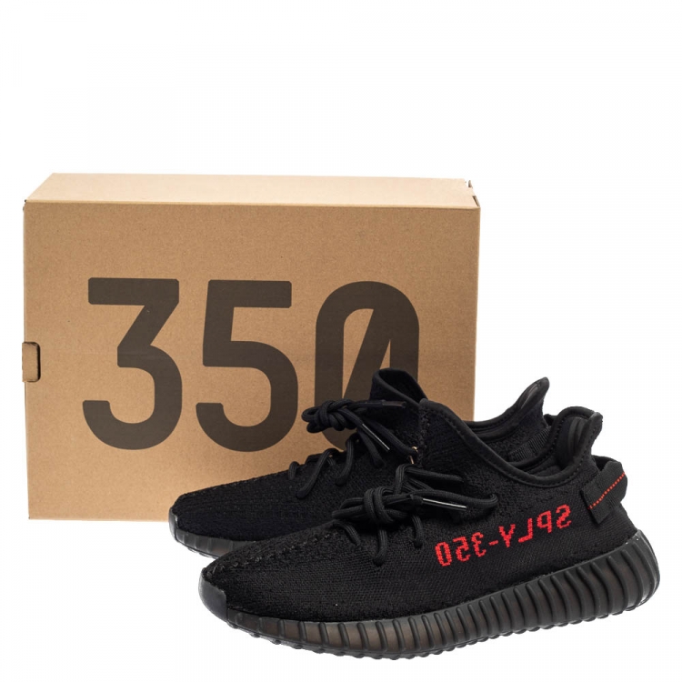 Pre Owned Adidas Yeezy Black/Red Knit Fabric Boost 350 V2 Low Top Sneakers Size 42