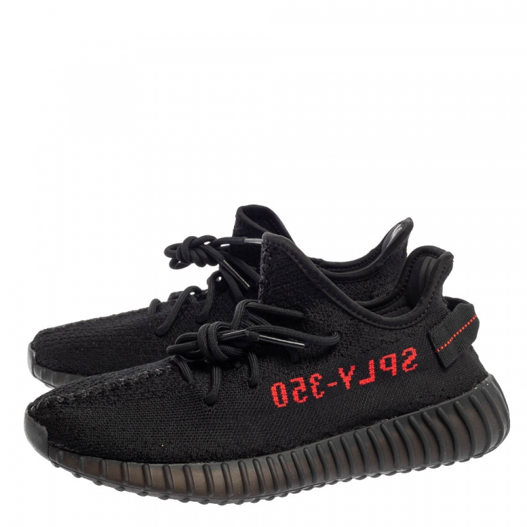 Pre Owned Adidas Yeezy Black/Red Knit Fabric Boost 350 V2 Low Top Sneakers Size 42