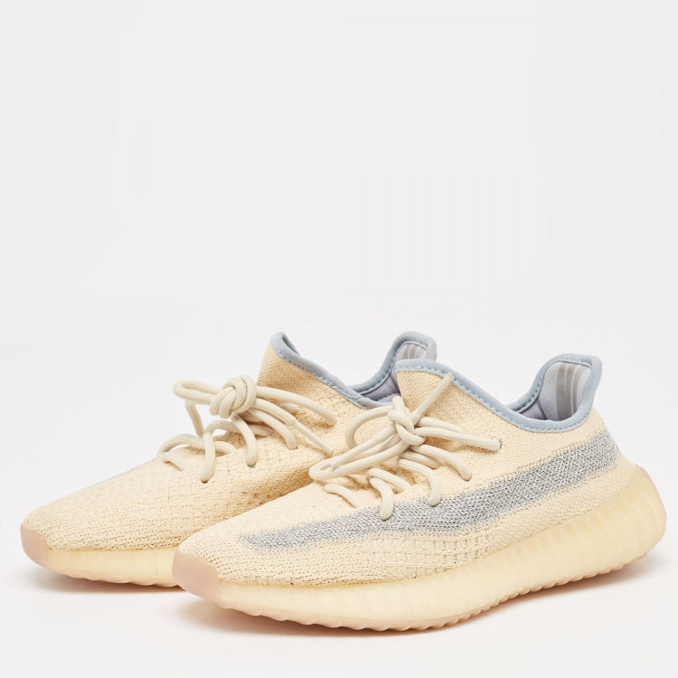 مملوكة مسبقًا Yeezy x Adidas Light Yellow Knit Fabric Boost 350 V2 Linen Sneakers Size 38