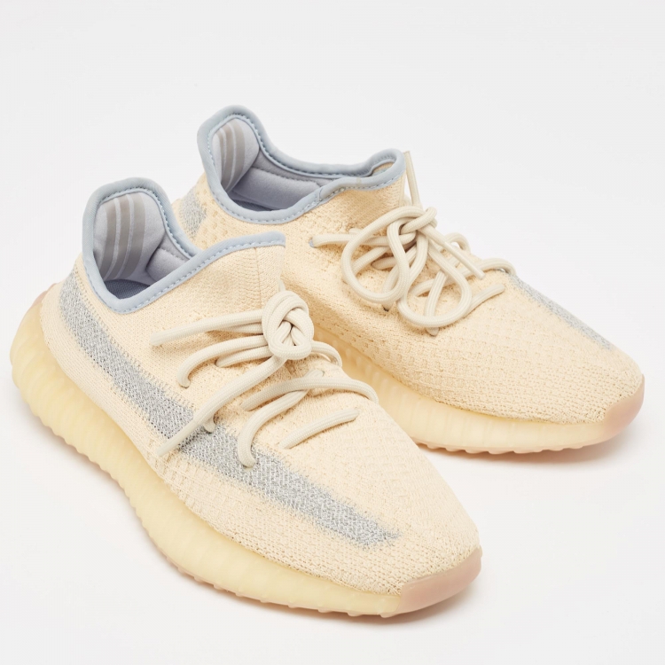 مملوكة مسبقًا Yeezy x Adidas Light Yellow Knit Fabric Boost 350 V2 Linen Sneakers Size 38