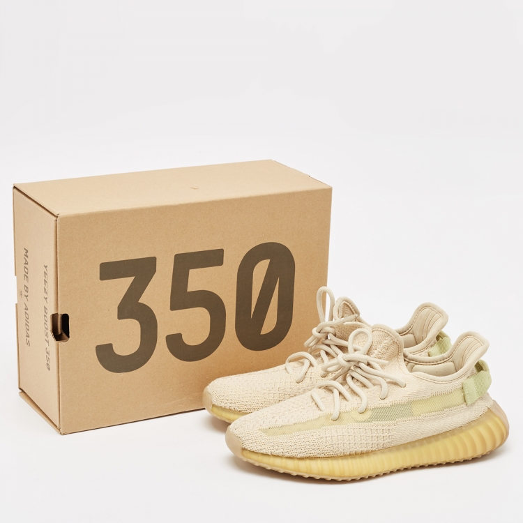 Pre Owned Yeezy x Adidas Beige Knit Fabric Boost 350 V2 Flax Sneakers Size 38.5