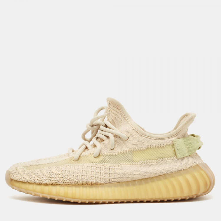 Pre Owned Yeezy x Adidas Beige Knit Fabric Boost 350 V2 Flax Sneakers Size 38.5