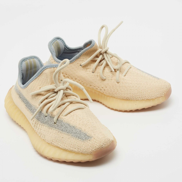 Pre Owned Yeezy x Adidas Light Yellow Knit Fabric Boost 350 V2 Linen Sneakers Size 37 1/3