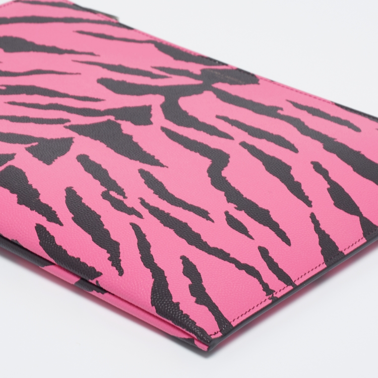 Pre Owned Saint Laurent Pink/Black Leather Zebra Print IPad Case