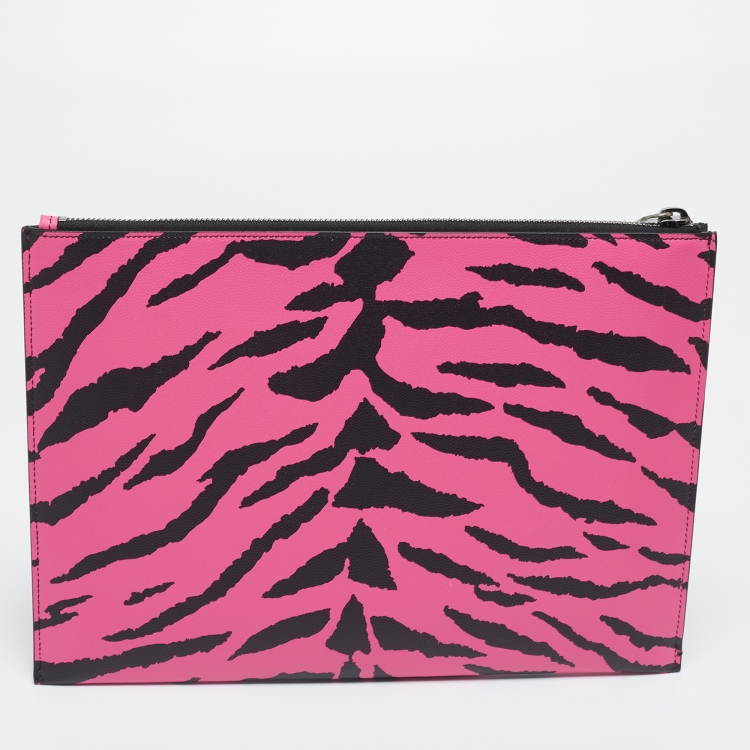 Pre Owned Saint Laurent Pink/Black Leather Zebra Print IPad Case