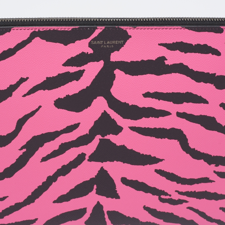 Pre Owned Saint Laurent Pink/Black Leather Zebra Print IPad Case