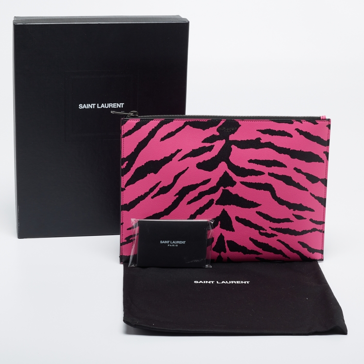 Pre Owned Saint Laurent Pink/Black Leather Zebra Print IPad Case