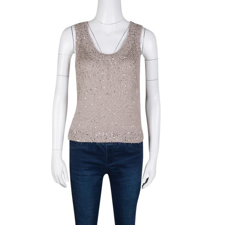Pre Owned Yves Saint Laurent Paris Beige Sequined Cropped Sleeveless Sweater M