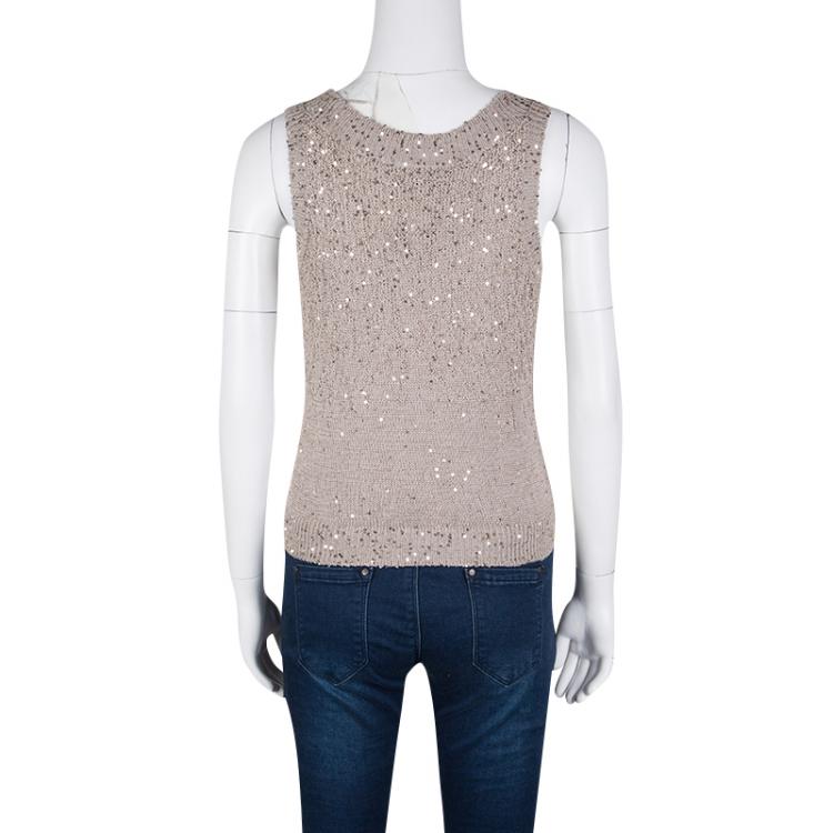 Pre Owned Yves Saint Laurent Paris Beige Sequined Cropped Sleeveless Sweater M