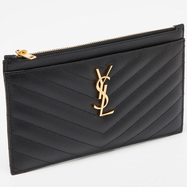 Pre Owned Saint Laurent Black Matelassé Leather Monogram Zip Pouch