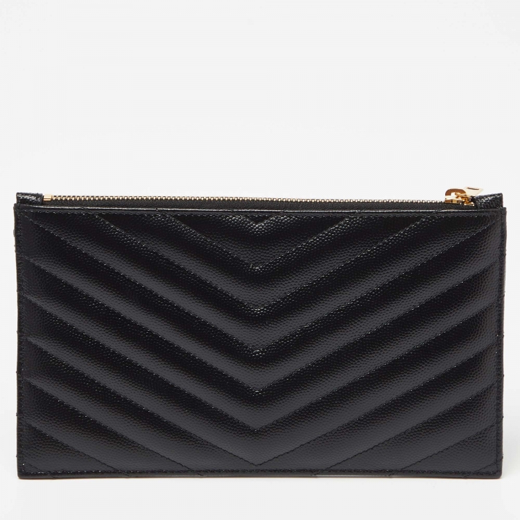 Pre Owned Saint Laurent Black Matelassé Leather Monogram Zip Pouch