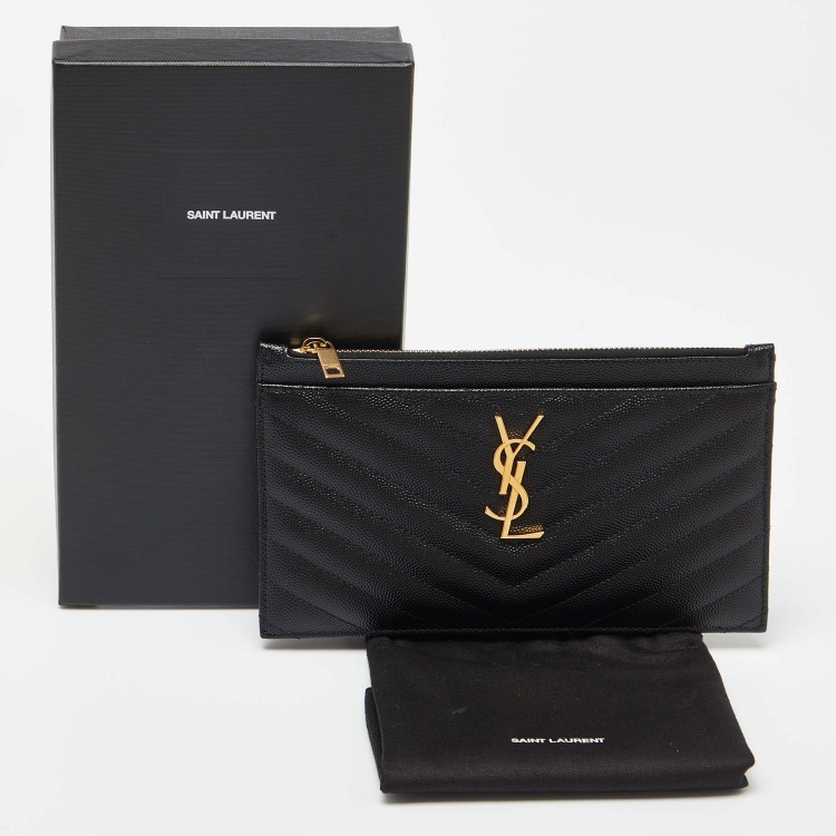 Pre Owned Saint Laurent Black Matelassé Leather Monogram Zip Pouch