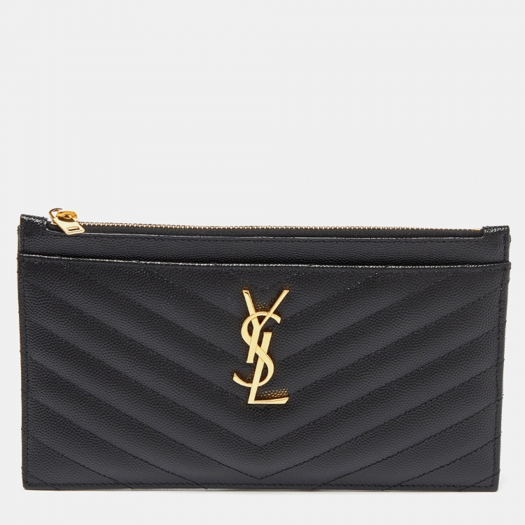 Pre Owned Saint Laurent Black Matelassé Leather Monogram Zip Pouch