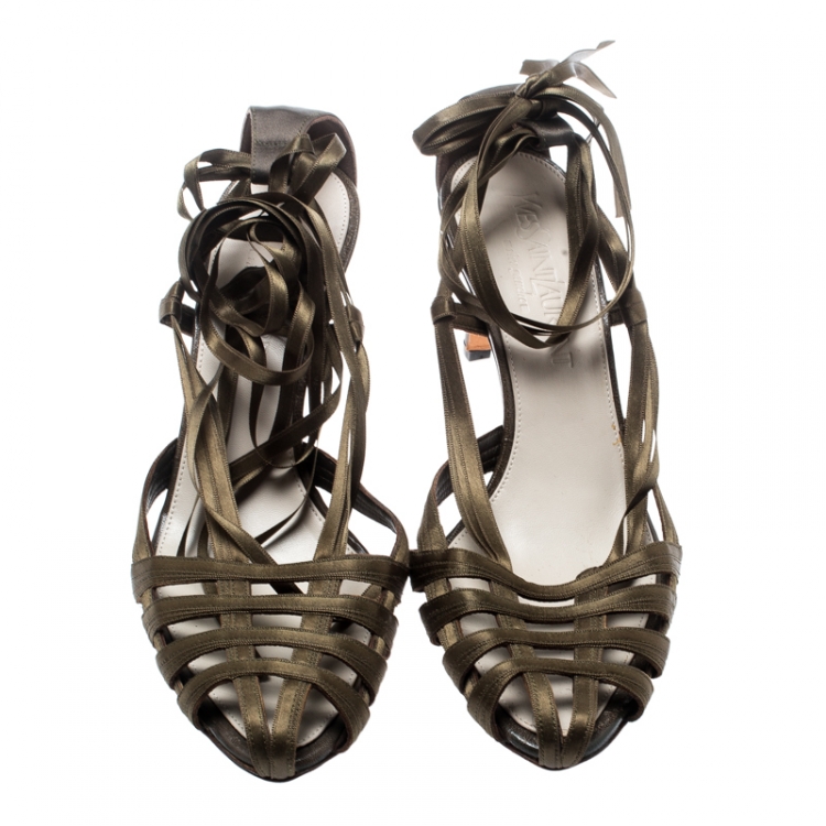 Pre Owned Saint Laurent Paris Green Satin Strappy Ankle Wrap Sandals Size 38