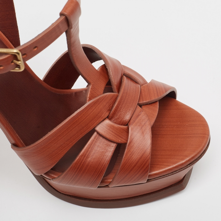 Pre Owned Yves Saint Laurent Brown Leather Tribute Sandals Size 36