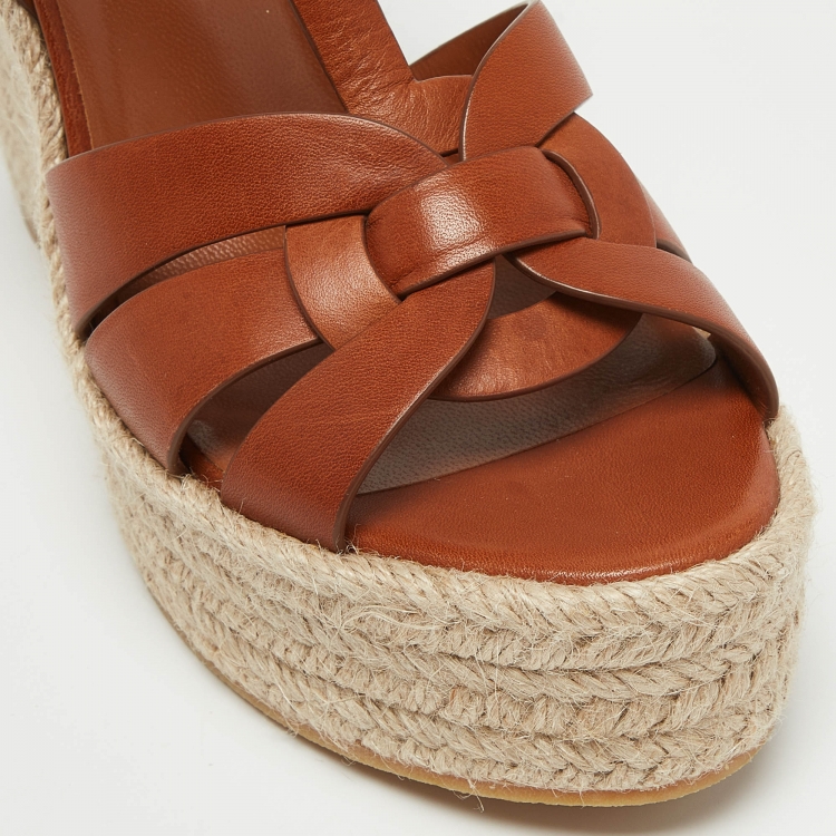 Pre Owned Yves Saint Laurent Brown Leather Tribute Wedge Sandals Size 39.5