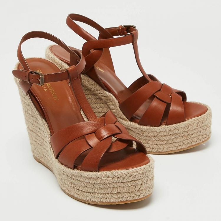 Pre Owned Yves Saint Laurent Brown Leather Tribute Wedge Sandals Size 39.5