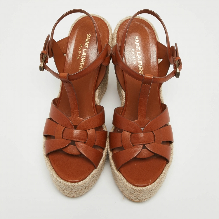Pre Owned Yves Saint Laurent Brown Leather Tribute Wedge Sandals Size 39.5