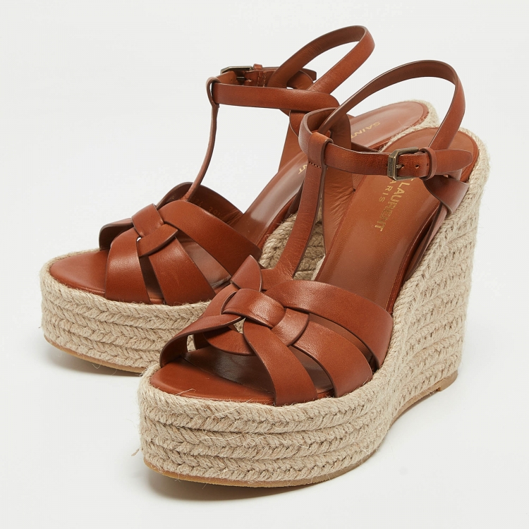 Yves Saint Laurent Brown Leather Tribute Wedge Sandals Size