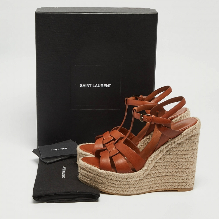Pre Owned Yves Saint Laurent Brown Leather Tribute Wedge Sandals Size 39.5