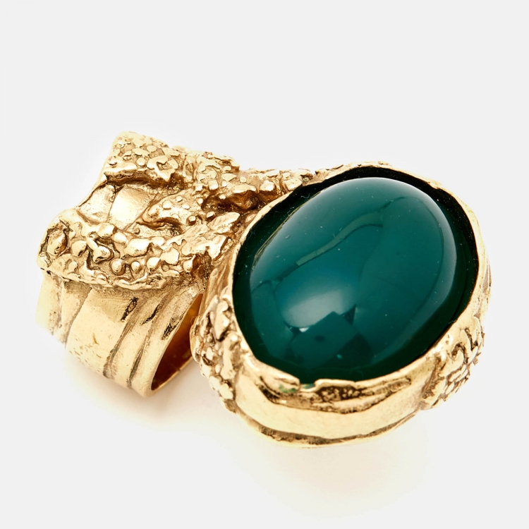 Pre Owned Yves Saint Laurent Arty Green Cabochon  Gold Tone Ring Size 53