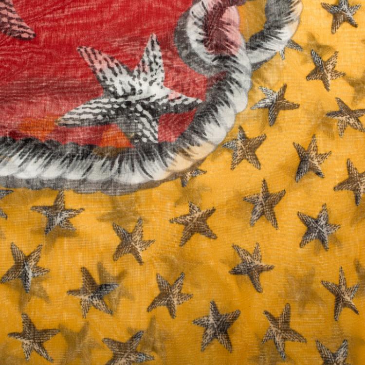 Pre Owned Yves Saint Laurent Paris Multicolor Starfish Print Cotton and Silk Square Scarf