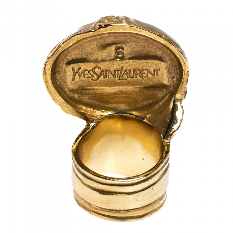 Pre Owned Yves Saint Laurent Arty Turquoise Glass Cabochon Gold Tone Ring Size 52