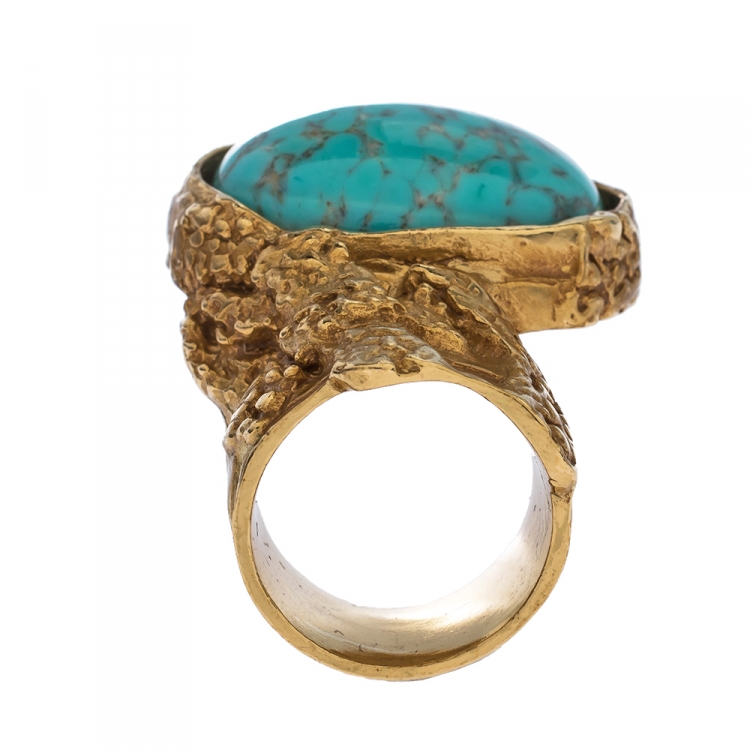 Pre Owned Yves Saint Laurent Arty Turquoise Glass Cabochon Gold Tone Ring Size 52