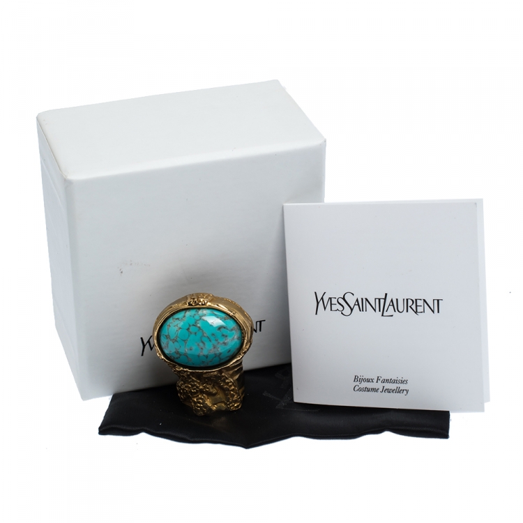 Pre Owned Yves Saint Laurent Arty Turquoise Glass Cabochon Gold Tone Ring Size 52