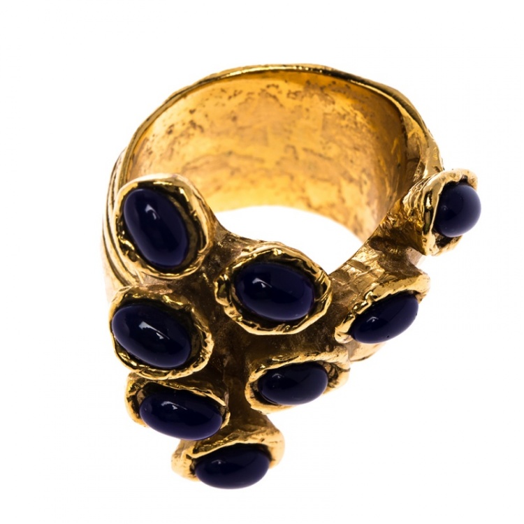 Pre Owned Yves Saint Laurent Arty Dots Blue Cabochon Gold Tone Ring Size 52