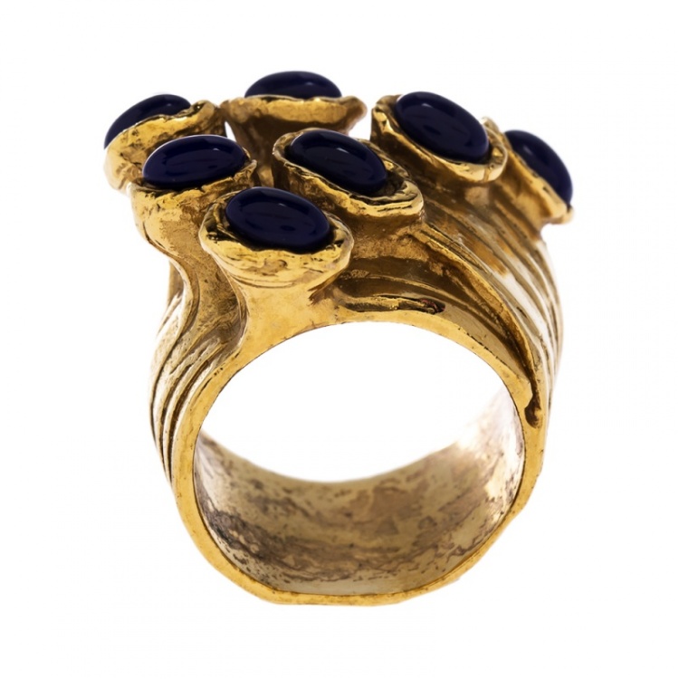 Pre Owned Yves Saint Laurent Arty Dots Blue Cabochon Gold Tone Ring Size 52