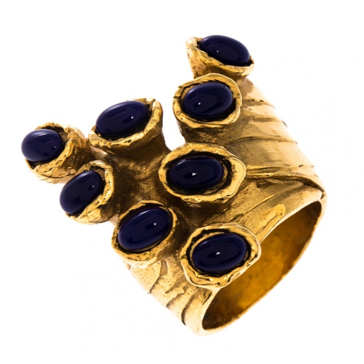 Pre Owned Yves Saint Laurent Arty Dots Blue Cabochon Gold Tone Ring Size 52